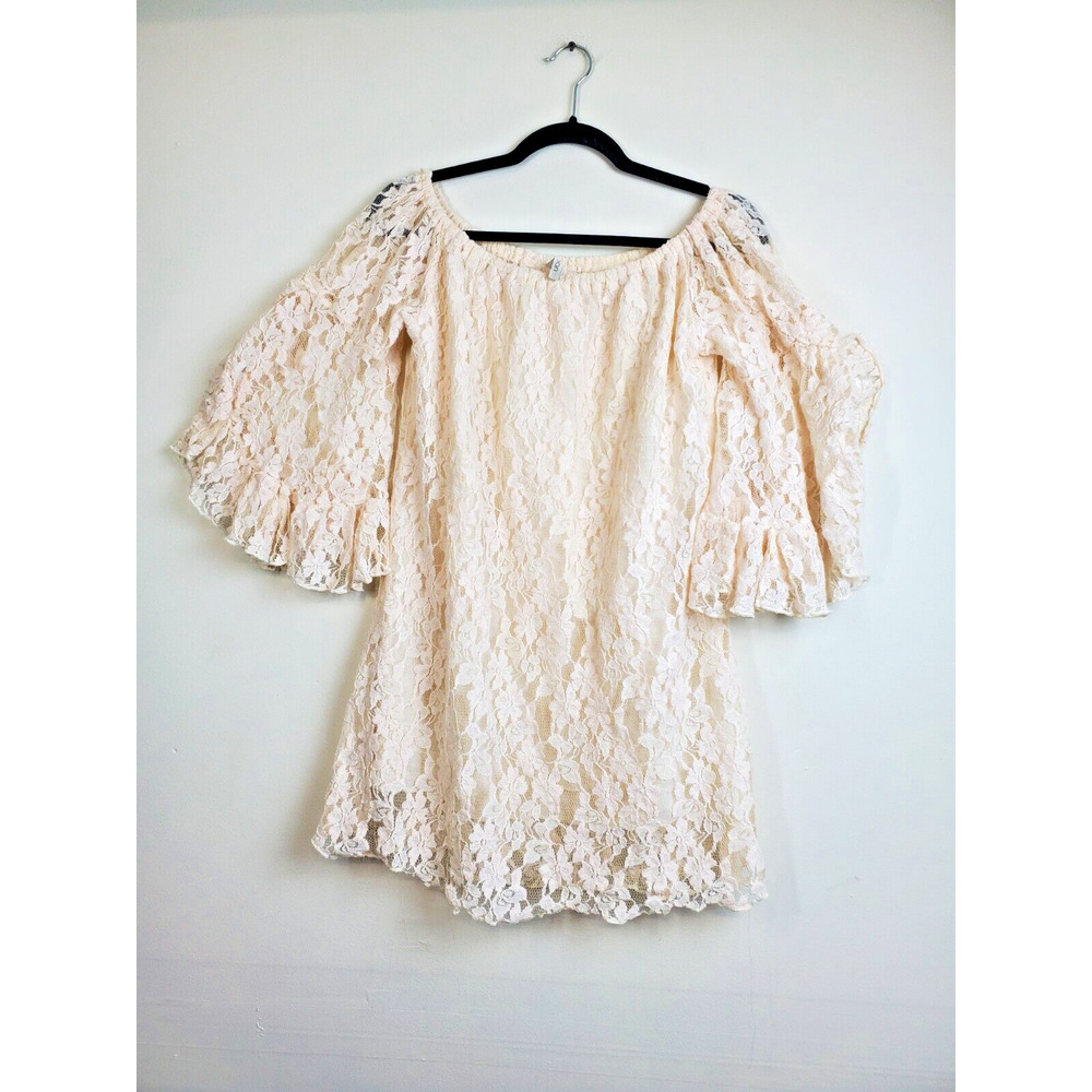 Elan‎ Womens Large Dress Tunic Lace Romantic Mini Off Shoulder Ivory - Picture 12 of 13